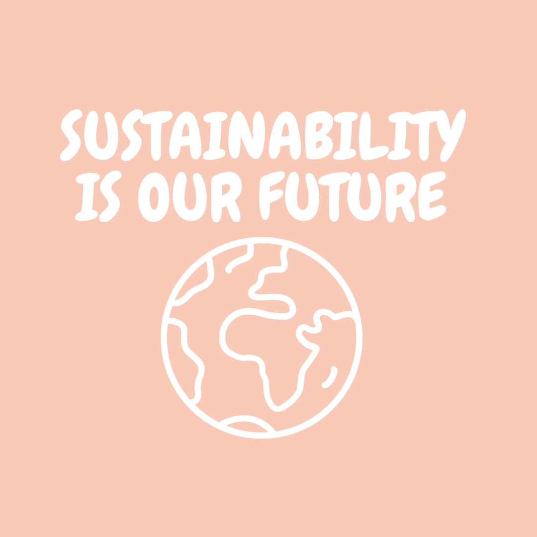 the words "sustainability is our future" appears on a pink colored background with an icon of a white colored globe beneath it