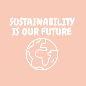 the words "sustainability is our future" appears on a pink colored background with an icon of a white colored globe beneath it