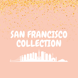 The words "San Francisco Collection" appears on a pink background with gold glitter specks and the san francisco skyline below it